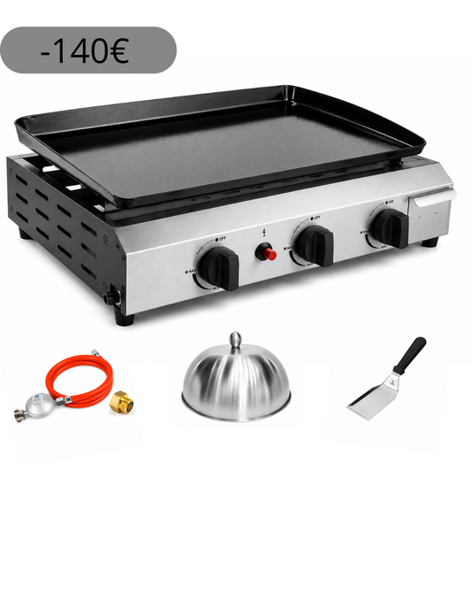 Plancha Gaz 3 Brûleurs La Conviviale - Pack avec Ustensiles, Tuyau et Détendeur