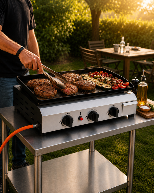 Plancha Gaz 3 Brûleurs La Conviviale - Pack avec Ustensiles, Tuyau et Détendeur